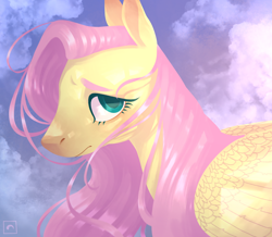 Size: 2020x1760 | Tagged: safe, artist:aymmei, derpibooru import, fluttershy, pegasus, pony, bust, female, looking at you, mare, portrait, sky, sky background, solo, stray strand, windswept mane, wings