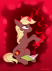 Size: 1518x2058 | Tagged: safe, artist:lunebat, derpibooru import, oc, oc:umber flare, pony, unicorn, abstract background, book, horn, magic, magic aura, male, sitting, solo, stallion, tongue out