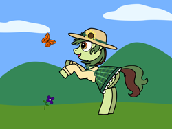 Size: 1600x1200 | Tagged: safe, artist:nebbie, derpibooru import, oc, oc only, butterfly, earth pony, pony, butt, clothes, cloud, dress, female, flower, hat, mare, plaid, plot, rearing, skirt, solo