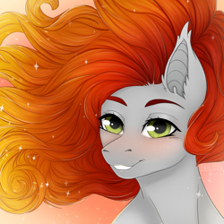 Size: 3096x3096 | Tagged: safe, artist:bellfa, derpibooru import, oc, oc only, oc:bellfa, bat pony, pony, bat pony oc, bat wings, blushing, female, gradient hair, green eyes, pony oc, red hair, simple background, smiley face, wings