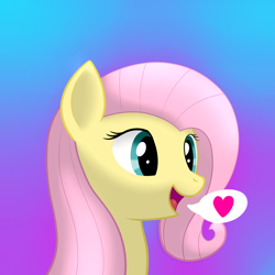 Size: 2600x2600 | Tagged: safe, artist:skbld, derpibooru import, fluttershy, pegasus, pony, bust, cute, female, gradient background, heart, high res, mare, open mouth, pictogram, portrait, shyabetes, smiling, solo, speech bubble, three quarter view