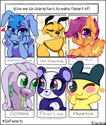 Size: 828x978 | Tagged: safe, artist:esmeia, derpibooru import, scootaloo, anthro, dog, pegasus, pony, anthro with ponies, blush sticker, blushing, bone, bulldog, bust, colored hooves, crossover, drool, eyes closed, female, filly, goodra, heart, hoppopotamus, littlest pet shop, mametchi, mouth hold, one eye closed, penny ling, pokémon, six fanarts, smiling, tamagotchi, the wuzzles, tom and jerry, wink