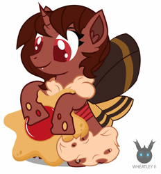 Size: 1045x1127 | Tagged: safe, artist:wheatley r.h., derpibooru exclusive, derpibooru import, oc, oc only, oc:flechette, changeling, mothling, original species, changeling oc, cookie, female, fluffy tail, food, giant cookie, happy, holding, horn, mane, mare, red changeling, red eyes, simple background, solo, vector, watermark, white background
