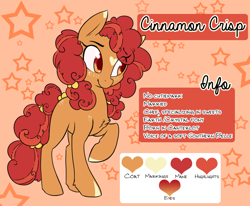 Size: 878x724 | Tagged: safe, artist:esmeia, derpibooru import, oc, oc only, oc:cinnamon crisp, earth pony, pony, earth pony oc, female, heart, mare, raised hoof, reference sheet, solo