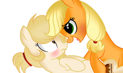 Size: 1048x626 | Tagged: safe, artist:applerougi, derpibooru import, applejack, oc, oc:cremita, earth pony, pony, blushing, female, mare, simple background, white background