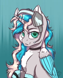 Size: 1023x1260 | Tagged: safe, artist:gitty_kitty2646, derpibooru import, oc, oc only, alicorn, pony, abstract background, alicorn oc, chest fluff, choker, clothes, headset, horn, raised hoof, signature, socks, striped socks, wings