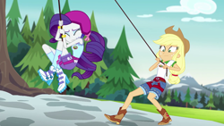 Size: 1280x720 | Tagged: safe, derpibooru import, screencap, applejack, rarity, equestria girls, legend of everfree