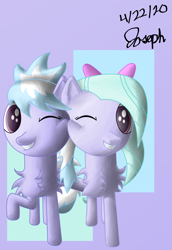 Size: 3469x5031 | Tagged: safe, artist:mlplayer dudez, derpibooru import, cloudchaser, flitter, pegasus, pony, abstract background, cheek squish, chest fluff, cute, digital art, duo, family, female, mare, raised hoof, shading, siblings, signature, sisters, squishy cheeks