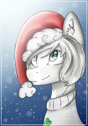 Size: 1039x1476 | Tagged: safe, artist:irinamar, derpibooru import, oc, oc only, earth pony, pony, bust, christmas, clothes, ear fluff, earth pony oc, hat, holiday, santa hat, smiling, snow, solo