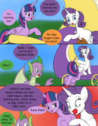 Size: 1000x1285 | Tagged: safe, artist:emilou1985, derpibooru import, rarity, spike, twilight sparkle, twilight sparkle (alicorn), alicorn, dragon, pony, unicorn, comic:signs, cart, labor, pregnant, winged spike