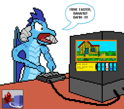 Size: 768x672 | Tagged: safe, artist:derek the metagamer, derpibooru import, princess ember, dragon, angry, comic, dragonia, dragonia (video game), ember is not amused, keyboard, pixel art, screenshots, sinclair zx specturm, television, unamused, video game, voxel art, yelling, zx spectrum