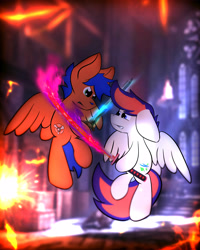 Size: 4000x5000 | Tagged: safe, artist:parabellumpony, derpibooru import, oc, oc only, oc:griffin, oc:zephyr leaf, pegasus, pony, commission, fight, flame sword, male, sword, weapon