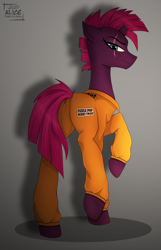 Size: 1928x3000 | Tagged: safe, artist:alicetriestodraw, derpibooru import, tempest shadow, pony, unicorn, my little pony: the movie, broken horn, clothes, female, horn, lidded eyes, looking at you, looking back, looking back at you, mare, prison outfit, prisoner, raised hoof, scar, solo