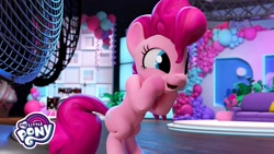 Size: 1280x720 | Tagged: safe, derpibooru import, screencap, pinkie pie, earth pony, pony, hello pinkie pie, bipedal, female, hoof on cheek, logo, mare, open mouth, smiling, sofa, solo