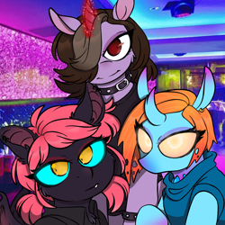 Size: 1300x1300 | Tagged: safe, alternate version, artist:cursed-saphire-hart, derpibooru import, bat pony, changedling, changeling, pony, unicorn, bat ponified, bat wings, bust, changedlingified, clothes, collar, curved horn, eddsworld, female, glowing horn, hair over one eye, horn, mare, ponified, race swap, selfie, smiling, species swap, wings