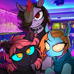 Size: 1300x1300 | Tagged: safe, alternate version, artist:cursed-saphire-hart, derpibooru import, bat pony, changedling, changeling, pony, unicorn, bat ponified, bat wings, bust, changedlingified, clothes, collar, curved horn, eddsworld, female, glowing horn, hair over one eye, horn, mare, ponified, race swap, selfie, smiling, species swap, wings