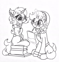 Size: 2294x2440 | Tagged: safe, artist:fireworks sea, derpibooru import, oc, oc:fireworks sun, pony, unicorn, book, looking at each other, magic, monochrome, pencil, self paradox, traditional art