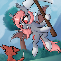 Size: 1800x1800 | Tagged: safe, artist:illusion, derpibooru import, oc, oc:crimson soul, bat pony, pony, axe, barbarian, bat pony oc, bat wings, dungeons and dragons, fight, flying, knife, kobold, open mouth, pen and paper rpg, rpg, weapon, wings