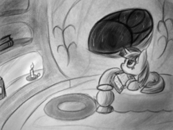 Size: 600x450 | Tagged: safe, artist:ahorseofcourse, derpibooru import, twilight sparkle, unicorn twilight, pony, unicorn, bed, black and white, book, candle, female, golden oaks library, grayscale, mare, monochrome, prone, solo