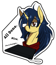 Size: 780x900 | Tagged: safe, artist:thattagen, derpibooru import, oc, oc only, oc:furikake, pony, unicorn, female, glasses, graphics tablet, simple background, solo, sticker, transparent background