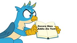 Size: 1280x720 | Tagged: safe, derpibooru import, edit, gallus, griffon, addio zio tom, anti-racism, book, exploitable meme, gallus is not amused, gallus' book, implied zecora, male, meme, simple background, solo, text, unamused, white background