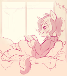 Size: 1176x1328 | Tagged: safe, artist:imalou, derpibooru import, oc, oc only, oc:closed book, pony, unicorn, /mlp/, 4chan, clothes, cute, drawthread, male, monochrome, not gay, reading, solo, sweater, wholesome, window