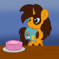 Size: 3000x3000 | Tagged: safe, artist:bigmackintosh, derpibooru import, oc, oc only, oc:aíne, unicorn, apology, cake, card, female, filly, food, pinto, table