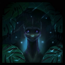 Size: 2000x2000 | Tagged: safe, alternate version, artist:kotosova, derpibooru import, oc, oc only, oc:fester, changeling, bust, leaves, night, purple changeling, rain, solo