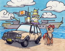 Size: 1024x812 | Tagged: safe, artist:sketchywolf-13, derpibooru import, oc, oc only, earth pony, pony, amc, amc eagle, beach, car, clothes, cloud, commission, cutie mark, looking at you, male, ocean, sky, solo, stallion, station wagon, traditional art, vehicle, warship