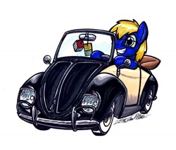 Size: 1024x870 | Tagged: safe, artist:sketchywolf-13, derpibooru import, oc, oc only, oc:annomaniac, earth pony, pony, car, commission, driving, glasses, simple background, smiling, solo, traditional art, volkswagen, volkswagen beetle, white background, white walls