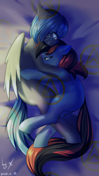 Size: 1080x1920 | Tagged: safe, artist:ninebuttom, derpibooru import, oc, oc only, oc:lh, earth pony, pegasus, pony, bed, hug