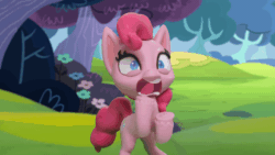 Size: 800x450 | Tagged: safe, derpibooru import, screencap, pinkie pie, earth pony, pony, my little pony: pony life, my little pony: stop motion short, pinkie pie vs the flowers, animated, faic, flower, gif, grass, outdoors, screaming, solo, stop motion, tree