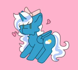 Size: 300x270 | Tagged: safe, artist:cabbage0venom, derpibooru import, oc, oc:fleurbelle, alicorn, adorabelle, alicorn oc, bow, cheek fluff, chest fluff, chibi, cute, female, hair bow, heart, horn, mare, pink background, simple background, wings