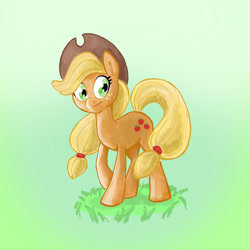 Size: 2048x2048 | Tagged: safe, artist:pfeffaroo, derpibooru import, part of a set, applejack, earth pony, pony, cowboy hat, female, gradient background, grass, hat, mare, smiling, solo