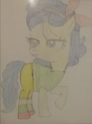Size: 1582x2125 | Tagged: safe, artist:jaredking203, artist:pegasski, derpibooru import, oc, oc only, earth pony, pony, bow, clothes, cosplay, costume, dragon ball z, female, launch, lidded eyes, mare, raised hoof, shoes, traditional art