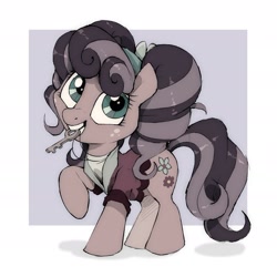 Size: 2381x2381 | Tagged: safe, artist:crossicatrix, derpibooru import, petunia petals, earth pony, pony, rainbow roadtrip, clothes, cute, desaturated, female, key, mare, mouth hold, solo