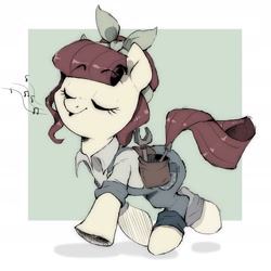 Size: 2381x2381 | Tagged: safe, artist:crossicatrix, derpibooru import, torque wrench, earth pony, pony, rainbow roadtrip, clothes, cute, desaturated, eyes closed, female, mare, overalls, solo, tools, whistling