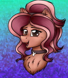 Size: 3000x3450 | Tagged: safe, artist:darklight1315, derpibooru import, oc, oc:bunsetti, pegasus, pony, abstract background, bust, chest fluff, collar, female, mare, solo