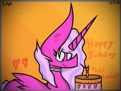 Size: 828x627 | Tagged: safe, artist:kittycatrittycat, derpibooru import, oc, oc:foxlit loxlet, alicorn, birthday, cake, candlestick, female, food, gift art, happy birthday, heart, jewelry, necklace, pearl necklace, solo