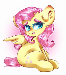 Size: 2100x2400 | Tagged: safe, artist:etoz, derpibooru import, fluttershy, pegasus, pony, blushing, cute, ear fluff, eyebrows, eyebrows down, female, gradient background, looking away, mare, open mouth, shyabetes, sitting, solo, wingding eyes, wings