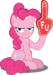 Size: 1562x2223 | Tagged: safe, artist:mrkat7214, derpibooru import, pinkie pie, earth pony, pony, angry, deviantart eclipse, female, foam finger, looking at you, mare, middle finger, pinkie pie is not amused, simple background, sitting, solo, this will not end well, transparent background, unamused, vector, vulgar, when she doesn't smile