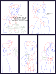 Size: 6000x8000 | Tagged: safe, artist:chedx, derpibooru import, cookie crumbles, hondo flanks, stellar flare, wind rider, earth pony, pegasus, pony, unicorn, comic:the other grandparents, carousel boutique, clothes, comic, commissioner:bigonionbean, cookie, dessert, dialogue, eating, female, food, fusion:princess mythic majestic, horn, husband and wife, levitation, magic, male, mare, pastries, sketch, sketch dump, telekinesis, writer:bigonionbean