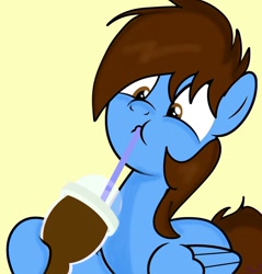 Size: 1280x1337 | Tagged: source needed, safe, artist:mezairplush, derpibooru import, oc, oc only, oc:pegasusgamer, pegasus, pony, coffee, drink, drinking, holding, simple background, solo, wings