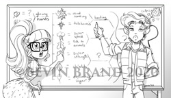 Size: 1280x730 | Tagged: safe, artist:bevin brand, derpibooru import, sci-twi, timber spruce, twilight sparkle, fanfic:empathy for the devil, equestria girls, black and white, blouse, board, chart, clothes, cutie mark, fanfic art, glasses, grayscale, marker, monochrome, obtrusive watermark, official fan art, open mouth, pants, pointing, ponytail, shirt, skirt, text, vest, watermark, whiteboard