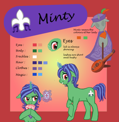 Size: 883x905 | Tagged: safe, artist:fermin-tenava, derpibooru import, oc, oc:minty, unicorn, female, horn, lesbian, reference sheet, singing, spanish, unicorn oc