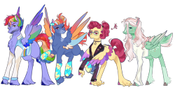 Size: 2296x1189 | Tagged: safe, artist:bunnari, derpibooru import, bow hothoof, gentle breeze, posey shy, windy whistles, alternate design, clothes, colored wings, multicolored wings, simple background, transparent background, wings