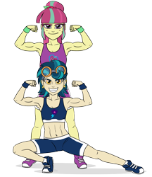 Size: 1280x1479 | Tagged: safe, artist:verumtee, indigo zap, sour sweet, equestria girls, abs, biceps, commission, flexing, grin, indigo max, muscles, muscular female, pose, smiling, sour swole, sports bra, sports shorts, transparent background, wristband