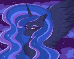 Size: 3128x2496 | Tagged: safe, artist:purfectprincessgirl, princess luna, alicorn, pony, bust, cloud, ethereal mane, eyeshadow, female, lidded eyes, makeup, mare, night, portrait, signature, sky, slit eyes, solo, spread wings, starry mane, stars, wings