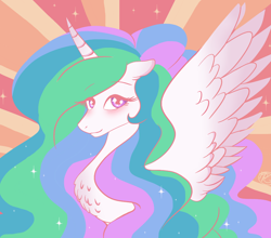 Size: 1132x998 | Tagged: safe, artist:purfectprincessgirl, princess celestia, alicorn, pony, abstract background, blushing, chest fluff, female, mare, signature, smiling, solo, spread wings, wings