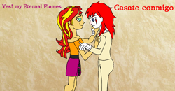 Size: 1000x519 | Tagged: safe, artist:israelyabuki, sunset shimmer, oc, oc:eternal flames, equestria girls, canon x oc, dawwww, female, love, male, romance, romantic